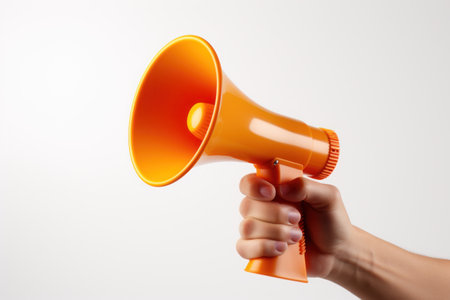 Hand with a megaphone, on a white background. Generative AI.の素材