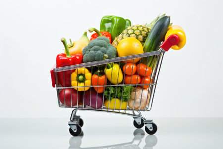 Shopping trolley full with vegetables and fruits. Generative AI.の素材