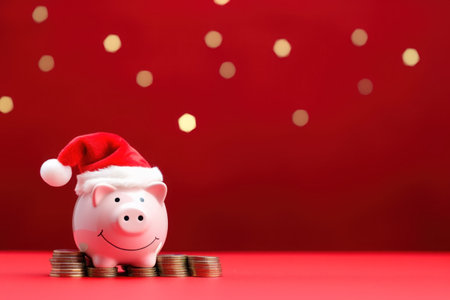 Piggy bank with Santa Claus hat and coins on festive red background. Generative AI.の素材