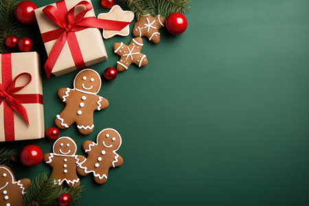 Christmas Banner with some presents, gingerbread man cookies on green background. Generative AI.の素材