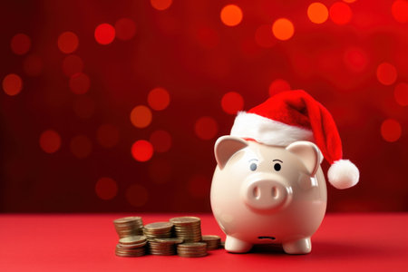 Piggy bank with Santa Claus hat and coins on festive red background. Generative AI.の素材