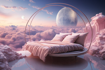 Fantasy world, futuristic fantasy bed with of the sky and pink clouds. Generative AI.の素材
