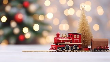 Red toy train and mini gift box, studio shot, bokeh, winter Christmas banner. Generative AI.の素材