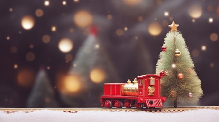 Red toy train and mini gift box, studio shot, bokeh, winter Christmas banner. Generative AI.の素材