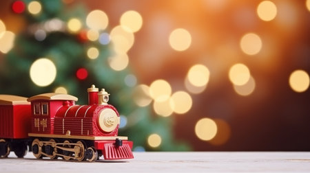 Red toy train and mini gift box, studio shot, bokeh, winter Christmas banner. Generative AI.の素材