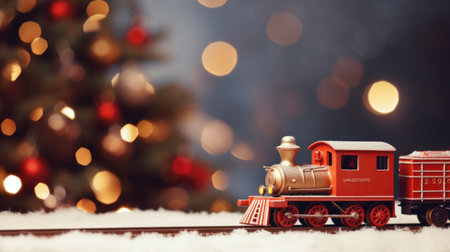 Red toy train and mini gift box, studio shot, bokeh, winter Christmas banner. Generative AI.の素材
