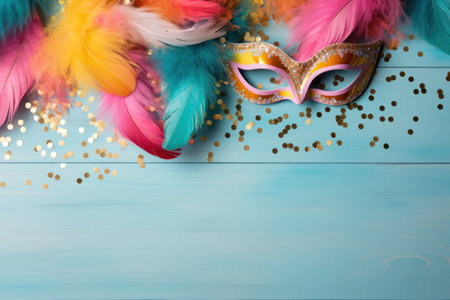 Stll life of a vintage carnival mask on a wood floor. Generative AI.の素材