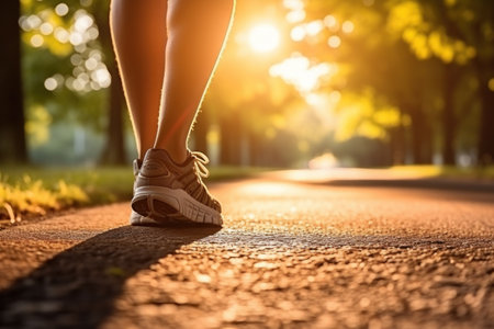 Summer shoes on the asphalt road in the sun - time for summer running. Generative AI.の素材