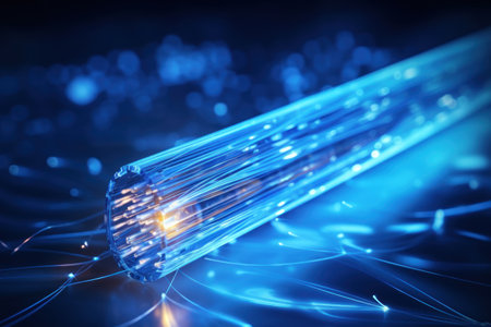 Blue light streak fiber optic speed line futuristic background. Generative AI.の素材