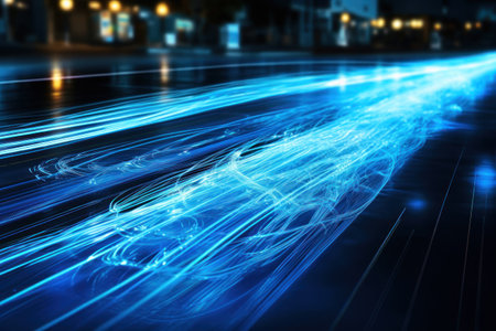Blue light streak fiber optic speed line futuristic background. Generative AI.の素材