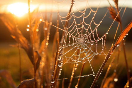 Close up Sunrise backlit dew drops clinging to a delicate spider web. Generative AI.の素材