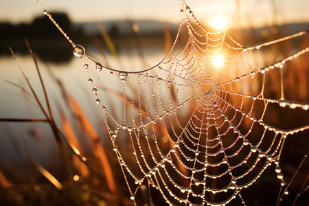 Close up Sunrise backlit dew drops clinging to a delicate spider web. Generative AI.の素材