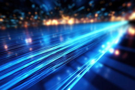Blue light streak fiber optic speed line futuristic background. Generative AI.の素材