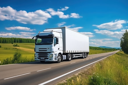 A truck is driving on the expressway. There are green trees and lawns on the roadside. Generative AI.の素材