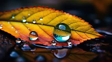 Extreme close up photography of a drop on a colorful leaf. Generative AI.の素材