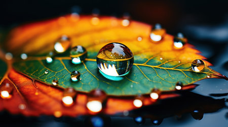 Extreme close up photography of a drop on a colorful leaf. Generative AI.の素材