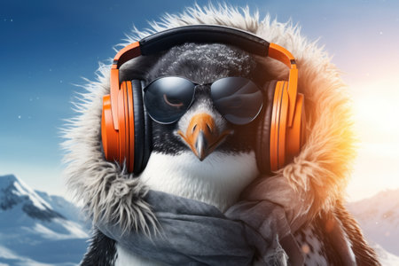 Portraits side view Fashionable penguin Humanized, Sunglasses ,Ear Headphones. Generative AI.の素材