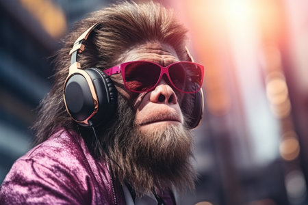 Portraits side view Fashionable monkey Humanized, Sunglasses ,Ear Headphones. Generative AI.の素材