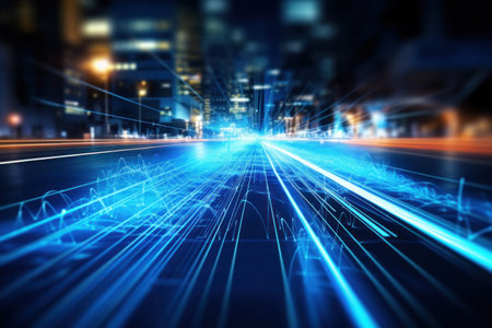 Blue light streak fiber optic speed line futuristic background. Generative AI.の素材