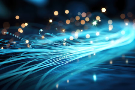 Blue light streak fiber optic speed line futuristic background. Generative AI.の素材