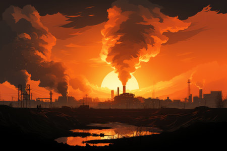 illustrations silhouette factory emit smoke Gradient orange back ground. Generative AI.の素材