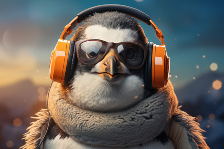 Portraits side view Fashionable penguin Humanized, Sunglasses ,Ear Headphones. Generative AI.の素材