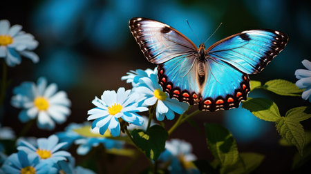 close up High-resolution image of Blue Morpho on white daisy flower. Generative AI.の素材