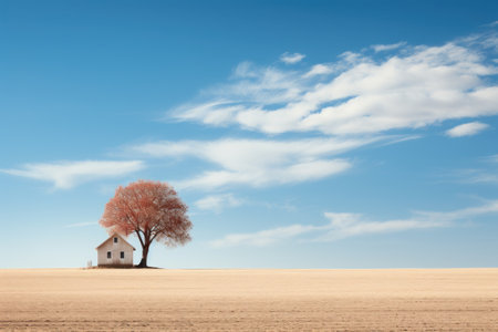 Minimalist landscape with alone tree and house. Generative AI.の素材