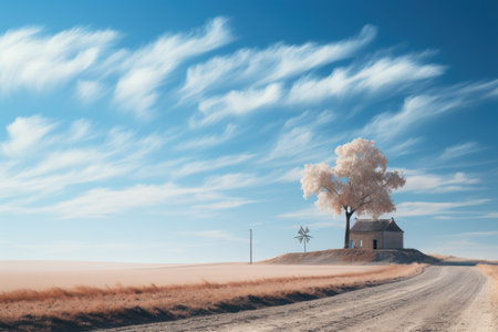Minimalist landscape with alone tree and house. Generative AI.の素材