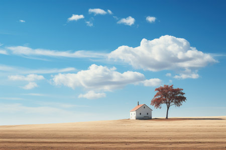 Minimalist landscape with alone tree and house. Generative AI.の素材