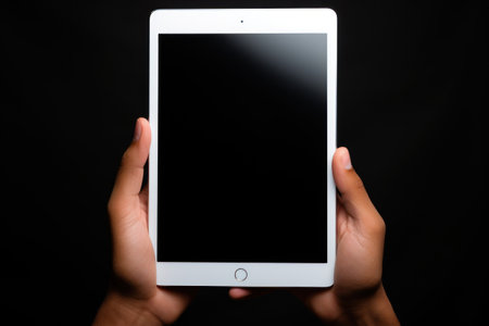 Hand holding a tablet screen with blank. Generative AI.の素材