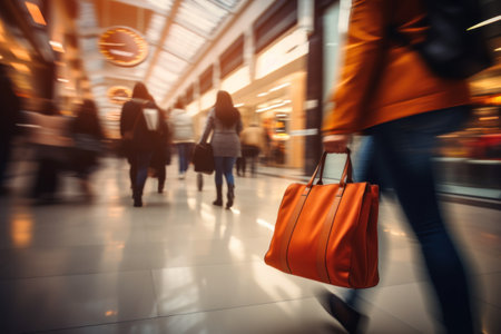 Blurred background of a modern shopping mall with some shoppers. Generative AI.の素材
