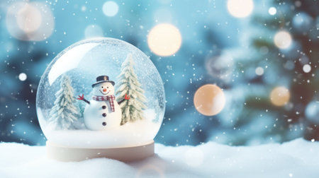 Glass ball on snow with snowman inside for Christmas. Generative AI.の素材