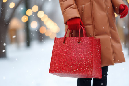 Woman in winter wear holds red shopping bag. Generative AI.の素材
