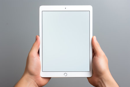Hand holding a tablet screen with blank. Generative AI.の素材