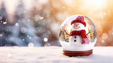 Glass ball on snow with snowman inside for Christmas. Generative AI.の素材