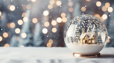 Christmas glass ball on snow with mini house inside. Winter scenery. Generative AI.の素材