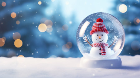 Glass ball on snow with snowman inside for Christmas. Generative AI.の素材