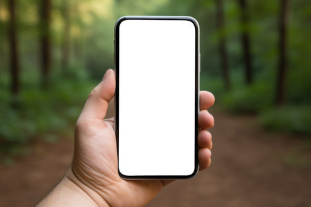 Close up hands holding a smartphone with blank. Generative AI.の素材