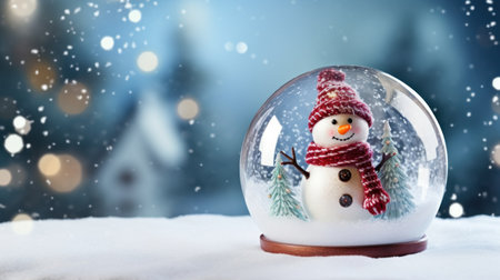 Glass ball on snow with snowman inside for Christmas. Generative AI.の素材