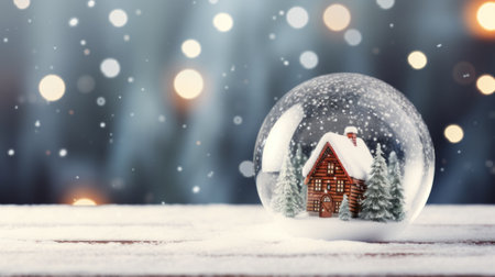 Christmas glass ball on snow with mini house inside. Winter scenery. Generative AI.の素材
