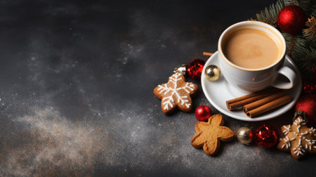 Cup of coffee at Christmas photorealistic copy space. Generative AI.の素材
