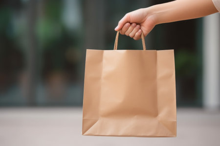 Hand holding shopping paper bag. Generative AI.の素材