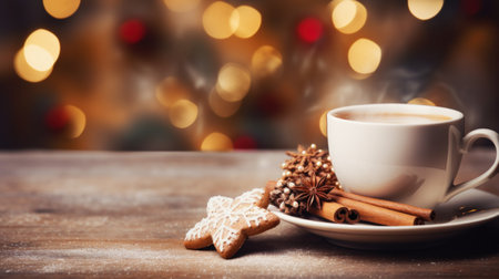 Cup of coffee at Christmas photorealistic copy space. Generative AI.の素材