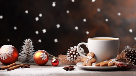 Cup of coffee at Christmas photorealistic copy space. Generative AI.の素材