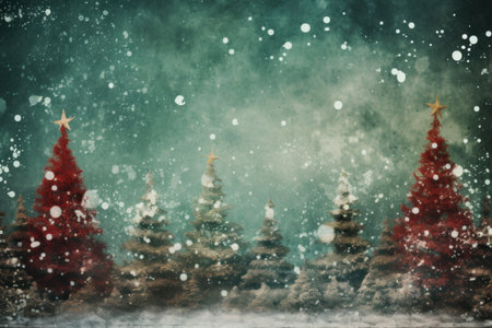 Red Christmas. Grunge green Christmas tree background. Generative AI.の素材
