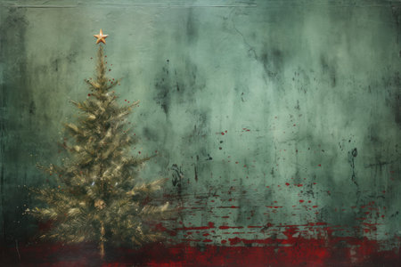 Red Christmas. Grunge green Christmas tree background. Generative AI.の素材