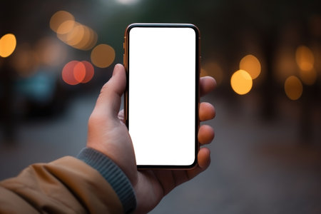 Close up hands holding a smartphone with blank. Generative AI.の素材