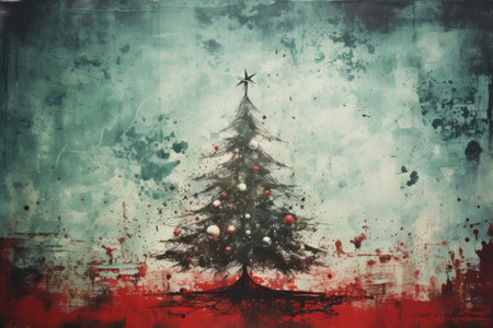 Red Christmas. Grunge green Christmas tree background. Generative AI.の素材