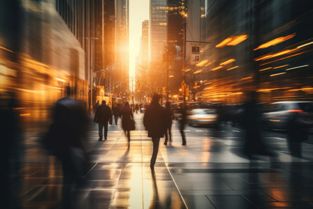 Motion blur of people commuting in busy street. Generative AI.の素材